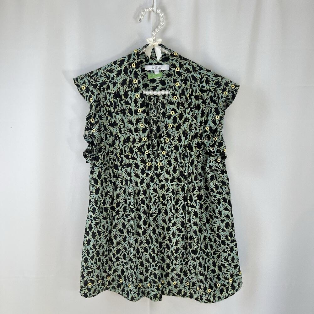 DEREK LAM 10 Crosby V-Neck Ruffle with Grommets Silk Blend Blouse Size 4 Green